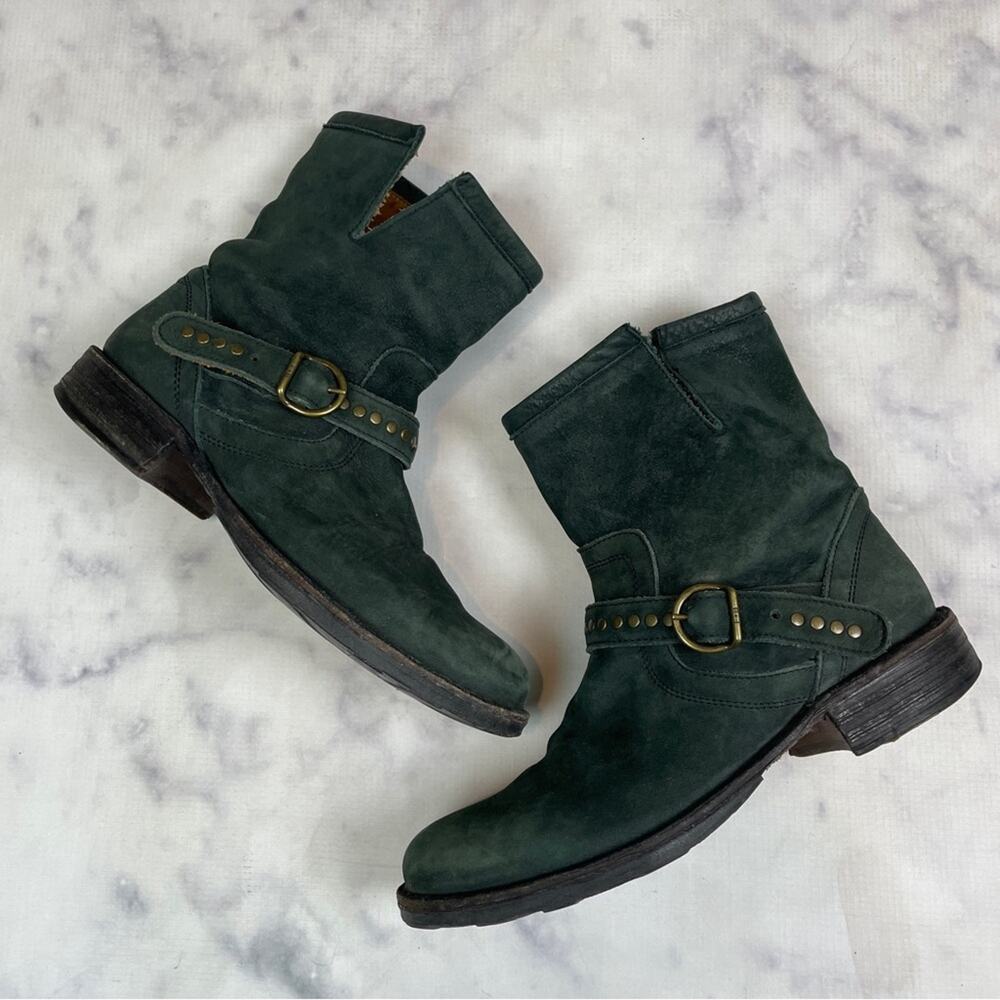 Fiorentini + Baker Dark Green Suede Moto Biker Boots Distressed Nubuck Sz 37/7